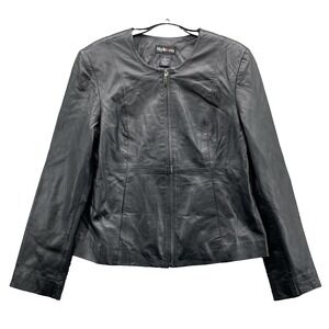 Style & Co. 100% Leather Moto Jacket Women's Large Black Y2k 70s Chic Office 90s